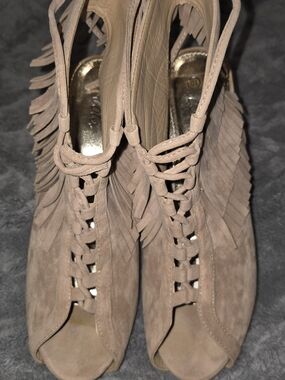 Dots Taupe Fringe Lace-Up Peep Toe Heels